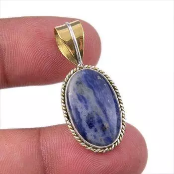 Natural Sodalite Gemstone 925 Solid Sterling Silver Two Tone Pendant 1.25 b8q01