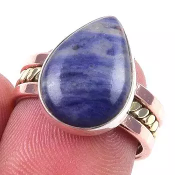 Natural Sodalite Gemstone Handmade 925 Sterling Silver Two Tone Ring S.6.5 p8H91
