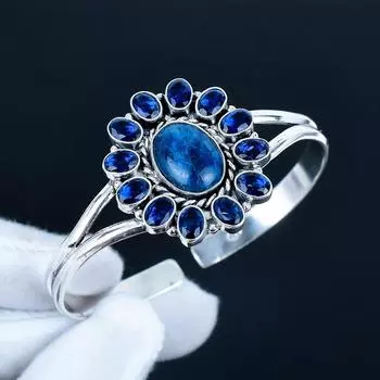 Natural Sodalite Gemstone Handmade Cuff Bangle 925 Sterling Silver Cuff Bangle, Blue Sapphire Flower Shape Bracelet For Wife, Unisex Bangle 7 синий