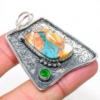 Natural Spiny Oyster, Diopside Gemstone 925 Sterling Silver Pendant 2.01 L8C32