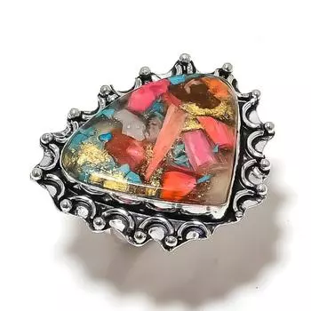 Кольцо из серебра 925 пробы с натуральным колючим камнем-устрицей, размер 6, n3U65