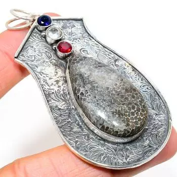 Подвеска из стерлингового серебра 925 пробы с натуральным скатом, кораллом и гранатом, 3,19 дюйма, W1y74
