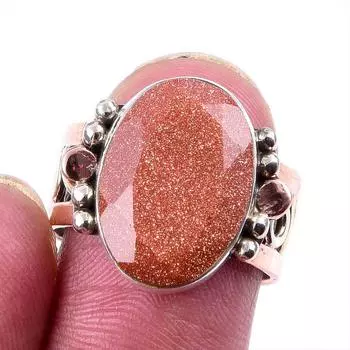 Natural Sunstone Gemstone 925 Solid Silver Jewelry Two Tone Ring Size 7US o8e09