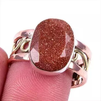 Natural Sunstone Gemstone 925 Solid Silver Jewelry Two Tone Ring Size 9US o1O45