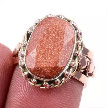 Natural Sunstone Gemstone 925 Solid Silver Jewelry Two Tone Ring Size 6US l2N80