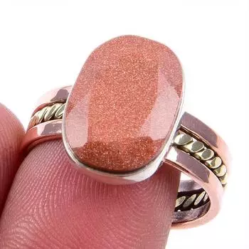 Natural Sunstone Gemstone 925 Solid Silver Jewelry Two Tone Ring Size 10US R8g24