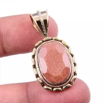 Natural Sunstone Gemstone 925 Solid Sterling Silver Two Tone Pendant 1.5 e6V64