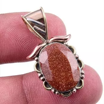 Natural Sunstone Gemstone 925 Solid Sterling Silver Two Tone Pendant 1.25 N2F51