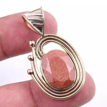 Natural Sunstone Gemstone 925 Solid Sterling Silver Two Tone Pendant 1.50 B8W71
