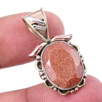 Natural Sunstone Gemstone 925 Solid Sterling Silver Two Tone Pendant 1.25 c2M39