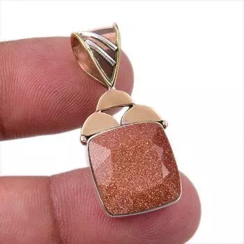 Natural Sunstone Gemstone 925 Solid Sterling Silver Two Tone Pendant 1.25 j1H80