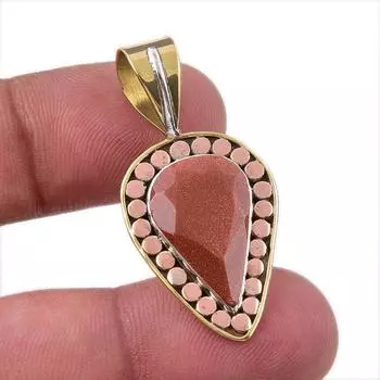 Natural Sunstone Gemstone 925 Solid Sterling Silver Two Tone Pendant 1.50 d8Y41