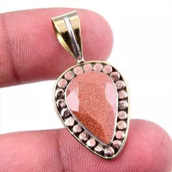 Natural Sunstone Gemstone 925 Solid Sterling Silver Two Tone Pendant 1.5 q9S31
