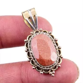 Natural Sunstone Gemstone 925 Solid Sterling Silver Two Tone Pendant 1.5 Y2C26