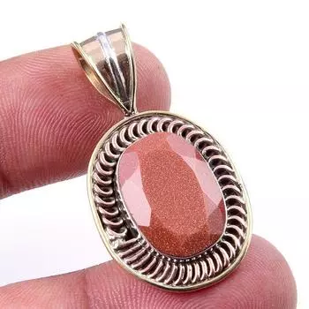 Natural Sunstone Gemstone 925 Solid Sterling Silver Two Tone Pendant 1.50 S6D02