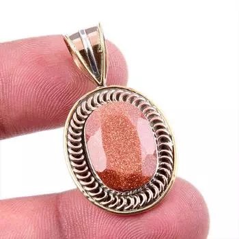 Natural Sunstone Gemstone 925 Solid Sterling Silver Two Tone Pendant 1.5 C1S76