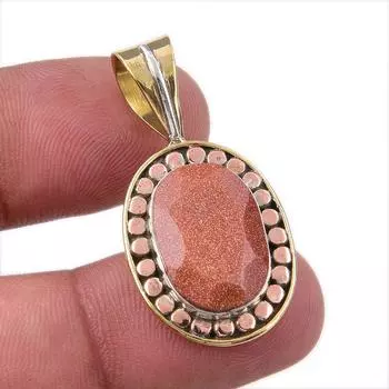 Natural Sunstone Gemstone 925 Solid Sterling Silver Two Tone Pendant 1.50 B0A43