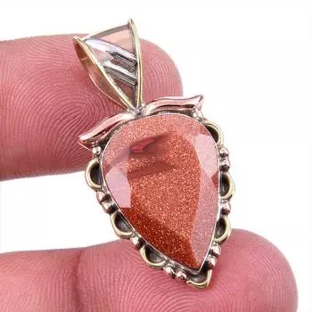 Natural Sunstone Gemstone 925 Solid Sterling Silver Two Tone Pendant 1.25 u3P41