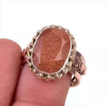 Natural Sunstone Gemstone 925 Solid Sterling Silver Two Tone Ring Size 7.5 B7y31