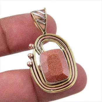 Natural Sunstone Gemstone 925 Solid Sterling Silver Two Tone Pendant 1.50 u2G47