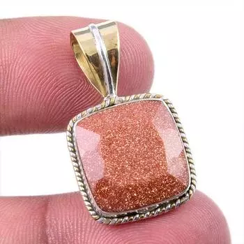 Natural Sunstone Gemstone 925 Solid Sterling Silver Two Tone Pendant 1.25 i5v97