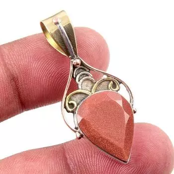 Natural Sunstone Gemstone 925 Solid Sterling Silver Two Tone Pendant 1.50 Y8S05