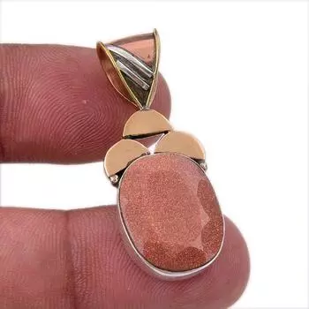 Natural Sunstone Gemstone 925 Solid Sterling Silver Two Tone Pendant 1.50 N8h43