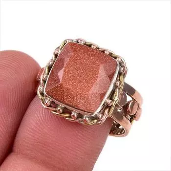 Natural Sunstone Gemstone 925 Solid Sterling Silver Gift Two Tone Ring S.9 J3m68