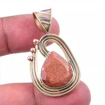 Natural Sunstone Gemstone 925 Solid Sterling Silver Two Tone Pendant 1.50 n8M47