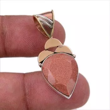 Natural Sunstone Gemstone 925 Solid Sterling Silver Two Tone Pendant 1.50 p0R00