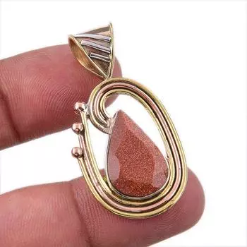 Natural Sunstone Gemstone 925 Solid Sterling Silver Two Tone Pendant 1.75 y6w95