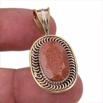 Natural Sunstone Gemstone 925 Solid Sterling Silver Two Tone Pendant 1.50 H2F53
