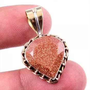 Natural Sunstone Gemstone 925 Solid Sterling Silver Two Tone Pendant 1.25 B4k27