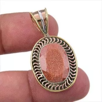 Natural Sunstone Gemstone 925 Solid Sterling Silver Two Tone Pendant 1.50 k1G70