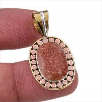 Natural Sunstone Gemstone 925 Solid Sterling Silver Two Tone Pendant 1.50 h5m37