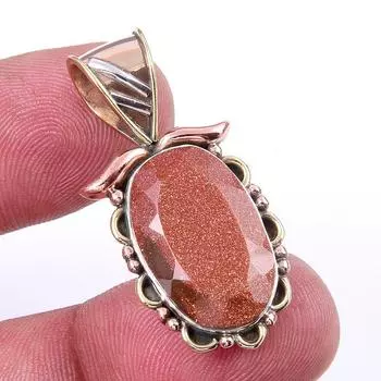 Natural Sunstone Gemstone 925 Solid Sterling Silver Two Tone Pendant 1.25 q5b36