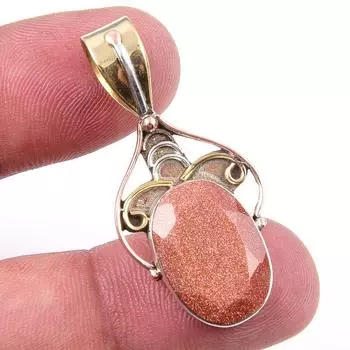 Natural Sunstone Gemstone 925 Solid Sterling Silver Two Tone Pendant 1.50 F8f33
