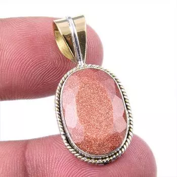 Natural Sunstone Gemstone 925 Solid Sterling Silver Two Tone Pendant 1.25 g6W67