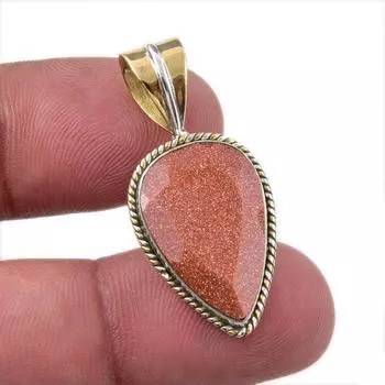 Natural Sunstone Gemstone 925 Solid Sterling Silver Two Tone Pendant 1.50 m1P04