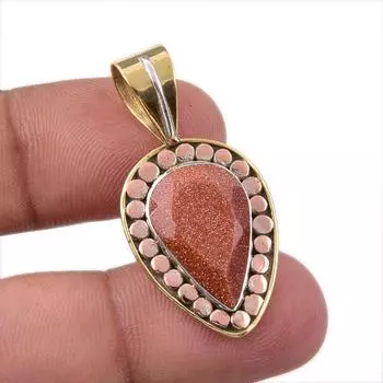 Natural Sunstone Gemstone 925 Solid Sterling Silver Two Tone Pendant 1.50 w2J72