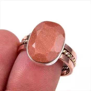 Natural Sunstone Gemstone 925 Solid Sterling Silver Gift Two Tone Ring S.9 F3W19