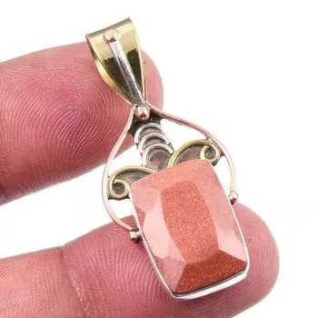 Natural Sunstone Gemstone 925 Solid Sterling Silver Two Tone Pendant 1.50 j9e25