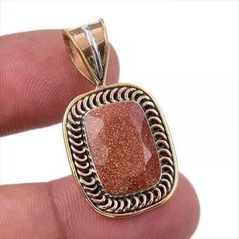 Natural Sunstone Gemstone 925 Solid Sterling Silver Two Tone Pendant 1.50 j2v92