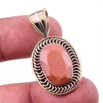 Natural Sunstone Gemstone 925 Solid Sterling Silver Two Tone Pendant 1.50 Q0o79