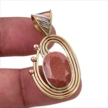 Natural Sunstone Gemstone 925 Solid Sterling Silver Two Tone Pendant 1.50 p2Y10