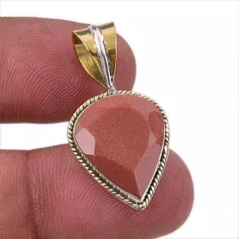 Natural Sunstone Gemstone 925 Solid Sterling Silver Two Tone Pendant 1.25 k2v53