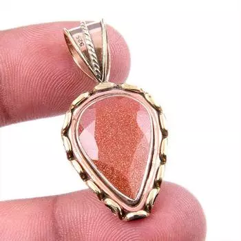 Natural Sunstone Gemstone 925 Solid Sterling Silver Two Tone Pendant 1.5 I1D42