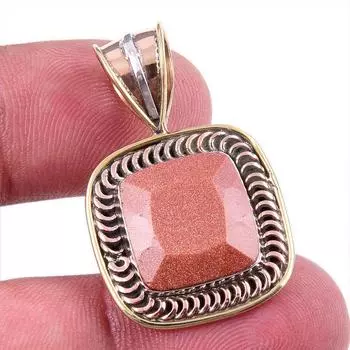 Natural Sunstone Gemstone 925 Solid Sterling Silver Two Tone Pendant 1.25 Z1U79
