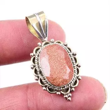 Natural Sunstone Gemstone 925 Solid Sterling Silver Two Tone Pendant 1.5 u3v06