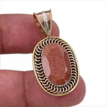 Natural Sunstone Gemstone 925 Solid Sterling Silver Two Tone Pendant 1.50 J5B55
